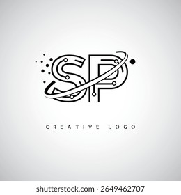 Logotipo do monograma da órbita de SP - marca de letra mínima futurista com a linha circular de arte, pontos inspirados na tecnologia e conceito de movimento espacial para identidade de marca moderna