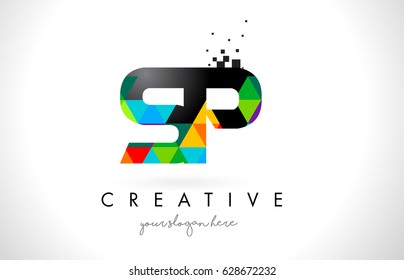 SP S P Letter Logo with Colorful Vivid Triangles Texture Design Vector Illustration.