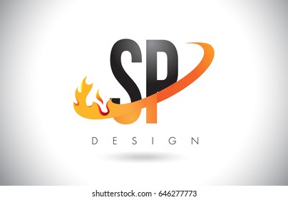 SP S P Letter Logo Design with Fire Flames and Orange Swoosh Vector Illustration.