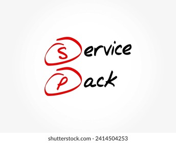 SP - Service Pack a collection of updates, fixes, or enhancements to a software program delivered in the form of a single installable package, acronym text concept background