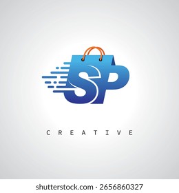 SP Shopping Monogram – Entrega rápida Logotipo de comercio electrónico con el icono del bolso y la marca digital para la tienda en línea, venta al por menor e identidad logística
