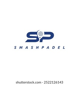 logotipo da carta do vetor do padel de esmagamento do SP com raquete de padel