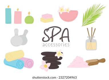 Spa accessories illustration set. Spa atributs on white background. Spa stones, palm leaf, towels, bath salt isolated on white background