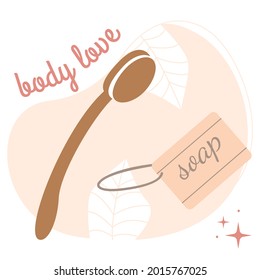 Accesorios de spa de fondo rosa. cepillo de masaje seco y jabón. Amor corporal e higiene. Ilustración plana vectorial.