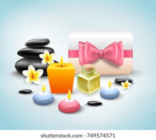 SPA accessories realistic set with frangipani flowers massage stones aroma candles and healing oil vector illustration 