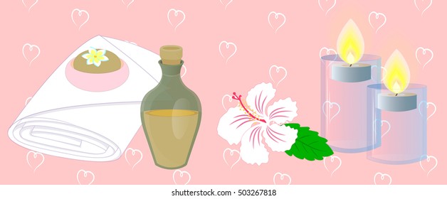 SPA accessories towel, massage oil, soap, scented candles and tropical flowers