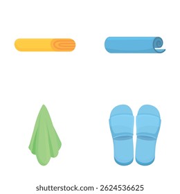 Ícones de acessório Spa definir desenho animado vetor. Artigo têxtil do banheiro. Suprimentos para banho