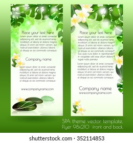 Spa advertisement card design template with green exotic leaves and stones on light background. 