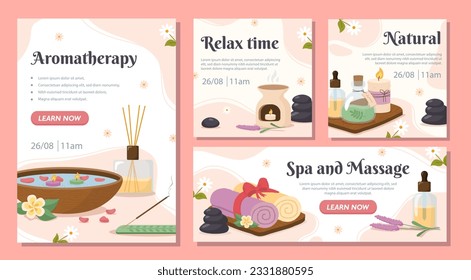 Spa and aromatherapy banners set. Aromatherapy and relax time. Wellbeing and rest. Skin care and beauty procedures. Aesthetics and elegance. Cartoon flat vector collection isolated on pink background