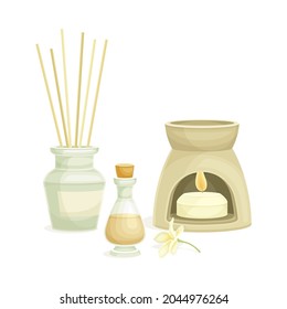 Spa and Aromatherapy with Burning Candle and Essential Oil Vector Composition
