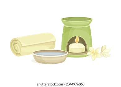 Spa y aromaterapia con la composición de vectores de toallas rodadas y velas quemadas
