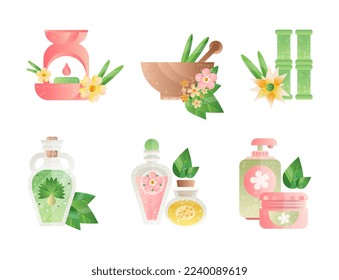 Spa and Aromatherapy with Candle, Bamboo Sticks, Lotion and Essential Oil in Jar Vector Set