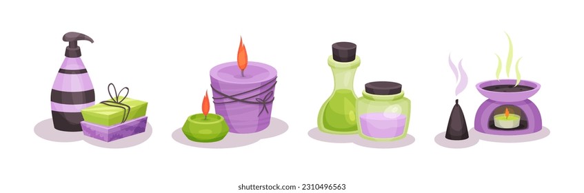 Spa and Aromatherapy with Candles and Cosmetic Oil Vector Set