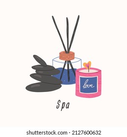 Spa and aromatherapy elements - candle, massage stone and aroma diffuser, flat vector illustration isolated on white. Wellness and self care concept. Burning love candle, glass jar with aroma sticks.