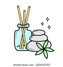 Spa and aromatherapy elements - massage stone and aroma diffuser, doodle vector illustration isolated on white. Wellness and self care concept.