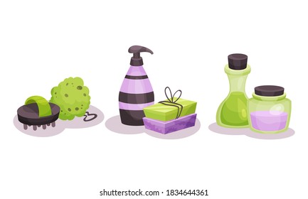 Spa and Aromatherapy with Essential Oil in Jars and Sponge Vector Set