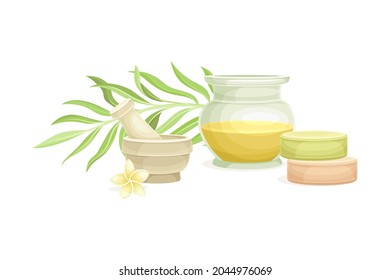 Spa y aromaterapia con aceite esencial y mortero con composición vectorial de Pestle