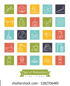 Spa, aromatherapy and herbal medicine square vector line icon collection. Set of 25 symbols.