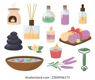 Spa und Aromatherapie. Packungen mit Kerzen und Handtücher. Hautpflege und Entspannung. Steine und Pflanzen, Stöcke. Dekorative Wachskerzen. Cartoon-FlachVektorgrafik, einzeln auf weißem Hintergrund