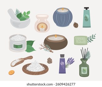 Spa, aromatherapy and wellness products. Scented candle, essential oil, diffuser. Natural eco cosmetic.