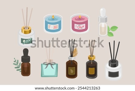 Spa, aromatherapy and wellness products. Scented candle, essential oil, diffuser. Natural eco cosmetic.
