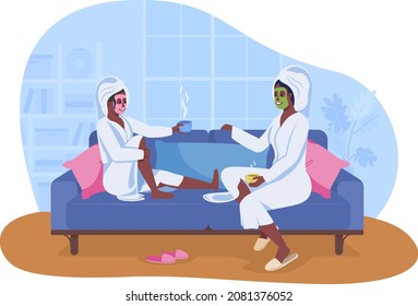 Spa atmosphere at home 2D vector isolated illustration. Applying face masks and drinking tea. Mom and daughter flat characters on cartoon background. Doing self-care activity together colourful scene