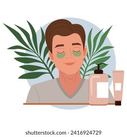 Spa avatar in flat cartoon design. This illustration showcases a serene avatar of a man enjoying spa treatments, thoughtfully designed with a soothing and elegant style. Vector illustration.