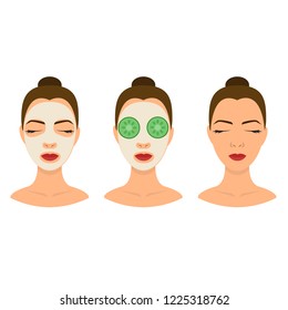SPA avatar of young woman in cosmetic mask, cream, skin treatment. Circle element for design with abstract pattern elements of SPA care. Girl with closed eyes gets salon procedure.