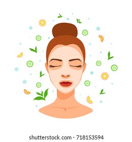 SPA avatar of young woman in cosmetic mask, cream, skin treatment. Circle element for design with abstract pattern elements of SPA care. Girl with closed eyes gets salon procedure.