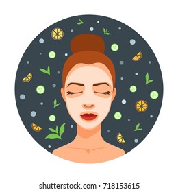 SPA avatar of young woman in cosmetic mask, cream, skin treatment. Circle element for design with abstract pattern elements of SPA care. Girl with closed eyes gets salon procedure.