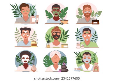 Iconos de los avatares del spa en el diseño de dibujos animados planos. Hombres y mujeres se relajan en diversos tratamientos de spa. Ilustración vectorial.