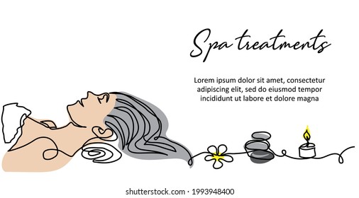 Spa background with lying womans head, stones, flower, candle, towel. Minimal vector banner, border, signboard, , poster. One continuous line art sketch for spa background.