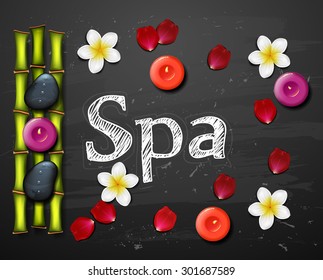 spa background with tropical flowers and stone spa candle. 