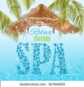 Spa banner  in exotic style with water drops letters, bungalow roof and palm leafs on water shine background.Design for cosmetics, store,spa and beauty salon or travel agency.Vector illustration