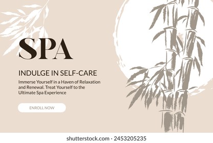 A spa banner grunge ink background with bamboo leaves. Beauty and relaxation, perfect for health and wellness advertising. Japanese and Chinese aesthetics, Sale promotion web banner Not AI.