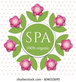 SPA banner with white frame and beautiful flowers in paper cut style.