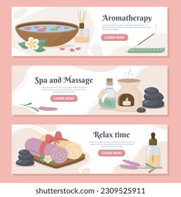 Spa banners set. Aromatherapy and relaxation, care for skin health. Warm water with plants and wooden sticks, towel. Bottle with lotion. Cartoon flat vector collection isolated on pink background