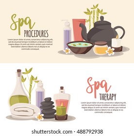 Spa banners, towel, aromatic oils, lotions.  Aroma candles isolated vector illustration spa symbols and body wellness spa symbols natural treatment element.
