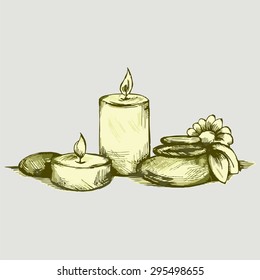 Spa. Basalt stones, flower and candles. Vector Image