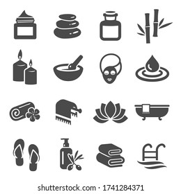 Spa and beauty black silhouette icons set isolated on white. Body care, massage, sauna pictograms collection. Yoga club, wellness logos. Aromatherapy, care products vector for infographic, web.