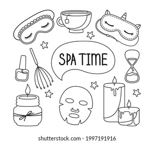 Spa and beauty care salon doodle contour cartoon set. Spa aromatic candle, sleep mask and hourglass, tea cup. Skin care and natural treatment, me time concept. Female body health cute vector
