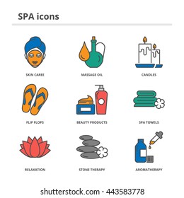 Spa and beauty color vector icons set: skin care, massage oil, candles, flip flops, beauty products, spa towels, relaxation, stone therapy, aromatherapy