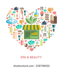 Spa and beauty concept in a heart shape with cosmetics and wellness symbols flat vector illustration 