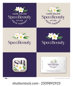 Spa and Beauty emblem and identity. Font composition with exotic plumeria flowers and green leaves. 