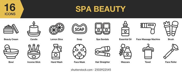 Spa Beauty icon set. Includes beauty cream, brush, face roller, mascara, towel, face mask, and More. Outline icons vector collection.