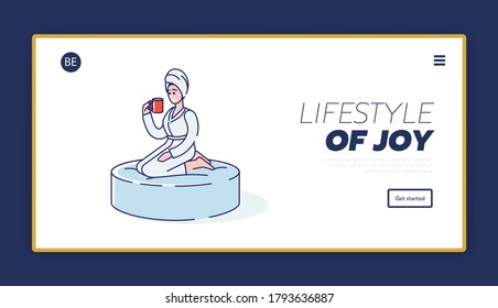 Spa and beauty landing page design with bodycare and skincare salon client relaxing after procedure. Cartoon woman in towel and bathrobe drinks tea after bath, massage. Linear vector illustration