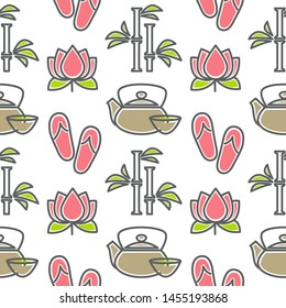 Spa and beauty lotus and bamboo teapot and cup seamless pattern vector flip flops flower and plant endless texture botany or biology theme, wallpaper cosmetician service and asian salon relaxation