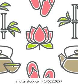 Spa and beauty lotus and bamboo teapot and cup seamless pattern vector flip flops flower and plant endless texture botany or biology theme wallpaper cosmetician service and asian salon relaxation