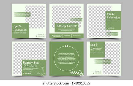Spa and beauty massage social media post template set design. Green color background with leaf ornament. Square banner vector design with photo collage. Suitable for social media, flyers, and web.