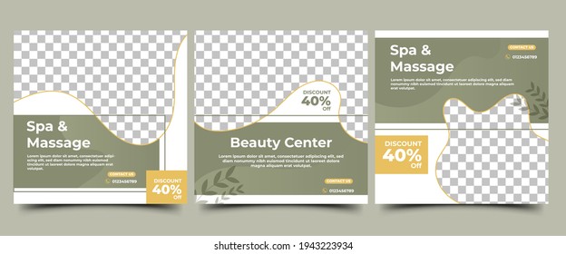 Spa, beauty, and massage social media post. Minimalist modern banner with green and white background. Suitable for social media post, flyer, and website. Vector design with place for the photo.